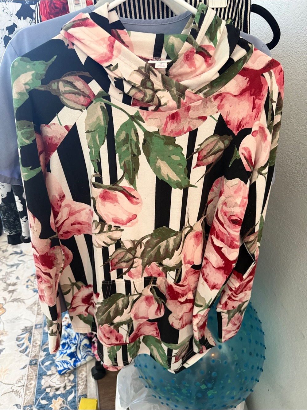 LuLaRoe Black & White Striped Hoodie with Pink Floral Print
